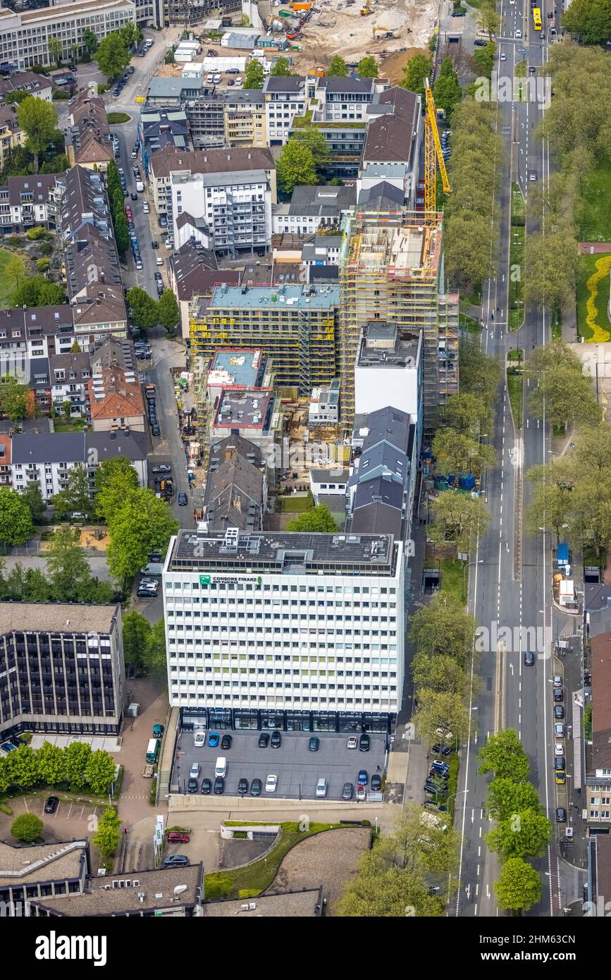 Aerial view, construction site of new building complex with residential tower and senior flats Huyssenallee, Essen, Ruhr area, North Rhine-Westphalia, Stock Photo