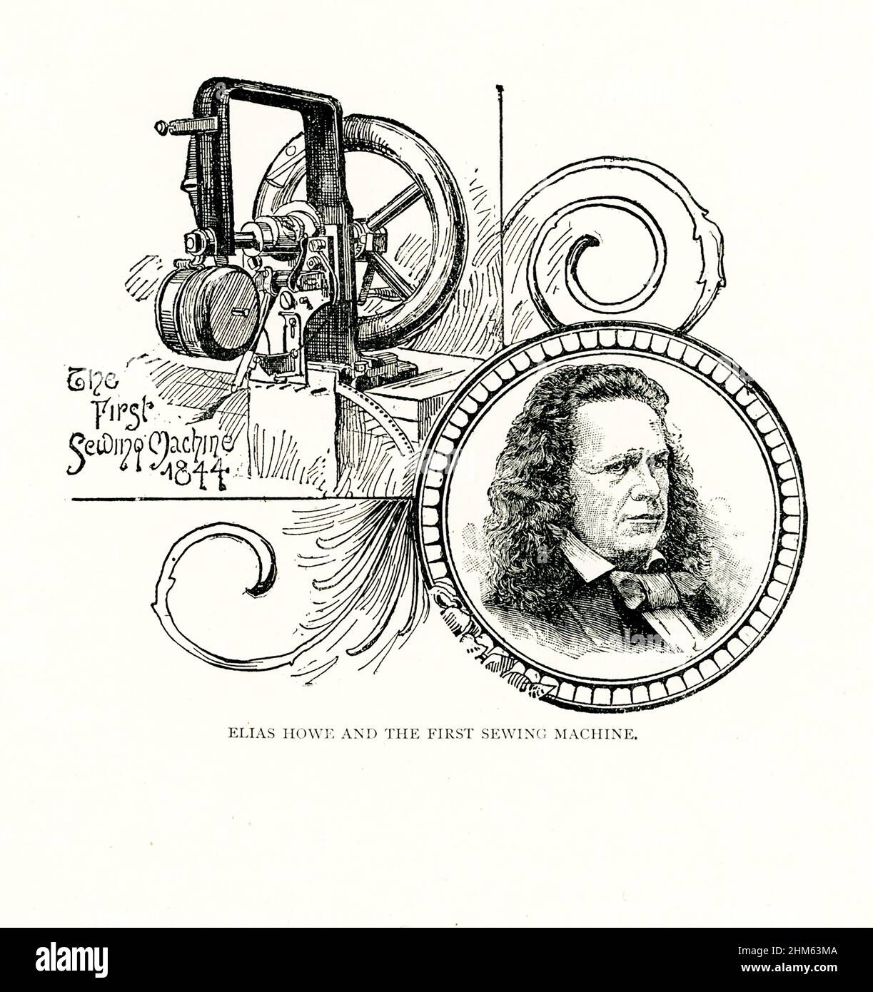 The caption for this 1891 images reads: Eliza Howe and the First Sewing Machine. Elias  (also spelled eliza) Howe Jr. (1819 –1867) was an American inventor best known for his creation of the modern lockstitch sewing machine. Stock Photo