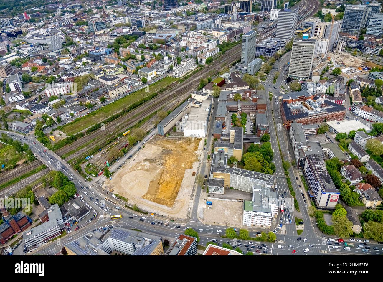 Aerial view, construction area for new literature quarter, demolition work former newspaper quarter, Südviertel, Essen, Ruhr area, North Rhine-Westpha Stock Photo