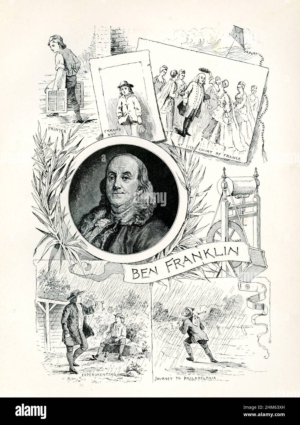 This illustration features several aspects of Ben Franklin's life. From top, left to right, they are: Printer, Errand boy, The court of France,' Bottom, left to right: Experimenting, Journey to Philladelphia.  Benjamin Franklin (1706-1790) was born in Boston and then in 1723 went to work in Philadelphia as a printer. One of the Founding Fathers of the United States, Franklin was an American polymath who was active as a writer, scientist, inventor, statesman, diplomat, printer, publisher and political philosopher. Stock Photo