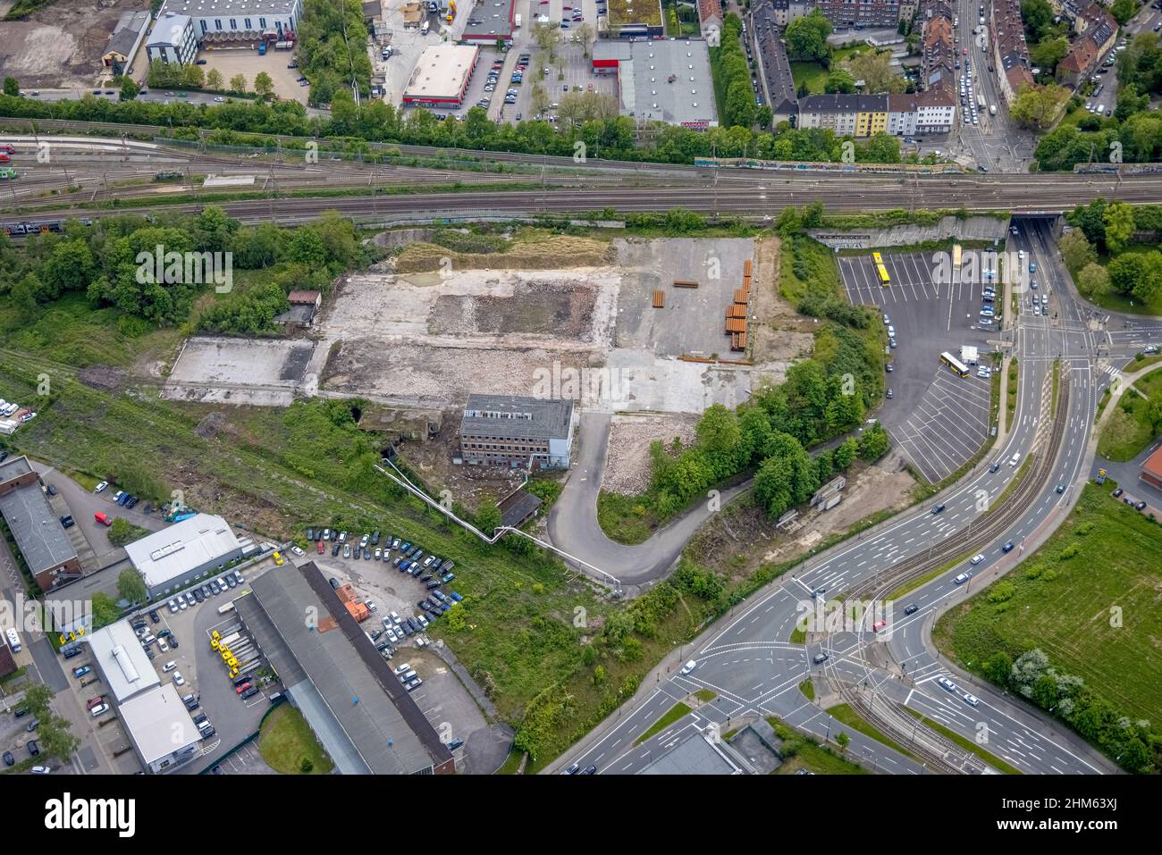 Aerial view, brownfield site on Frohnhauser Straße, Westviertel, Essen, Ruhr Area, North Rhine-Westphalia, Germany, Luftbild, Brachfläche an der Frohn Stock Photo
