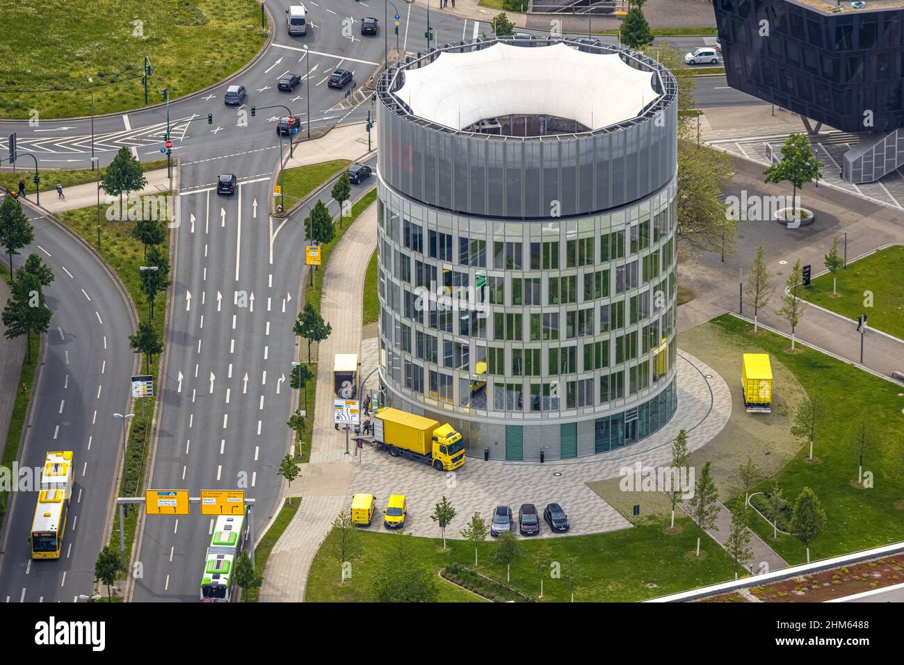 Aerial view, company headquarters Funke Mediengruppe, Jakob-Funke-Platz 1, Westviertel, Essen, Ruhr area, North Rhine-Westphalia, Germany, DE, develop Stock Photo
