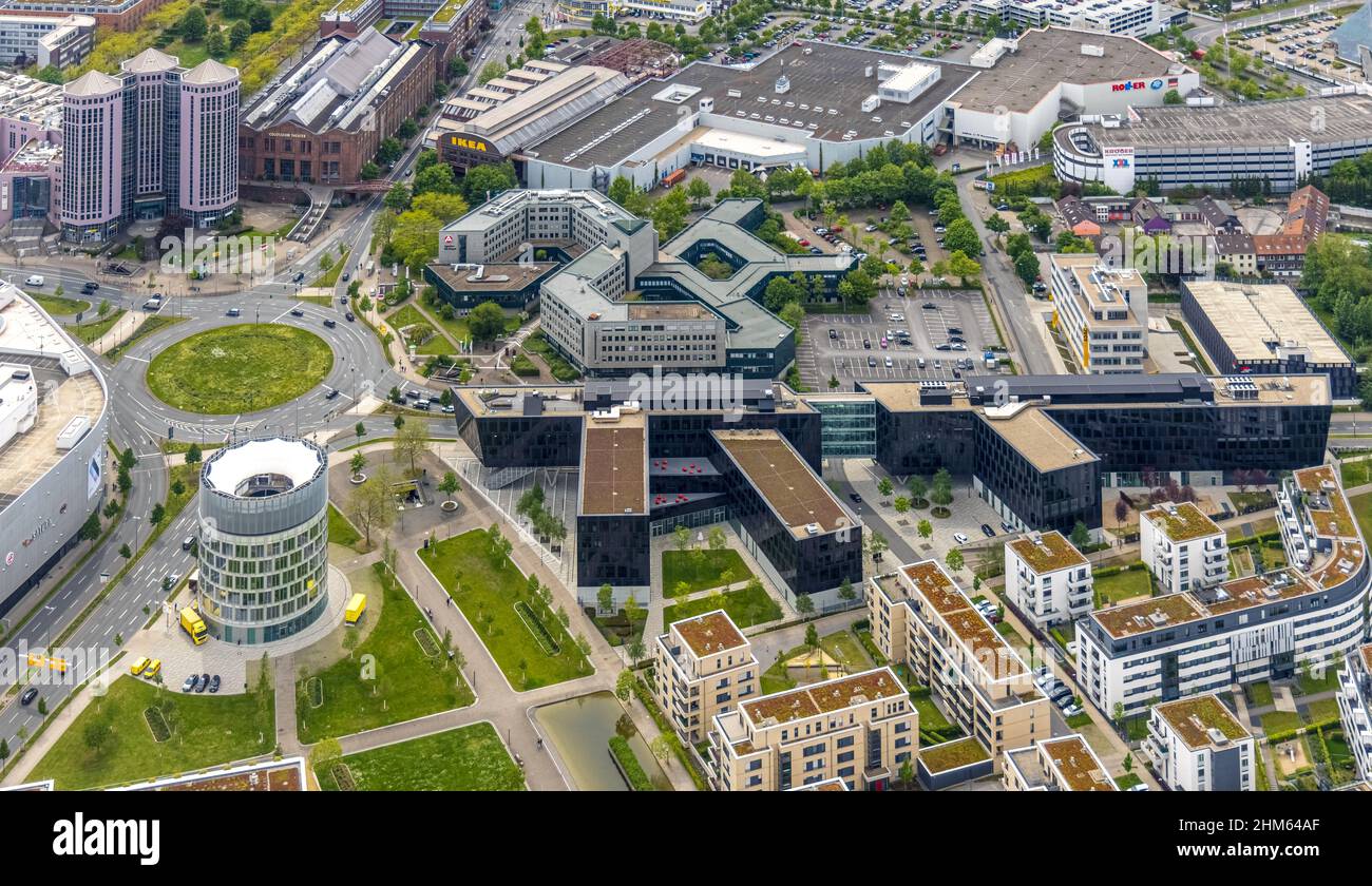 Aerial view, company headquarters Funke Mediengruppe, Jakob-Funke-Platz 1, Grüne Mitte Essen, Westviertel, Essen, Ruhr area, North Rhine-Westphalia, G Stock Photo