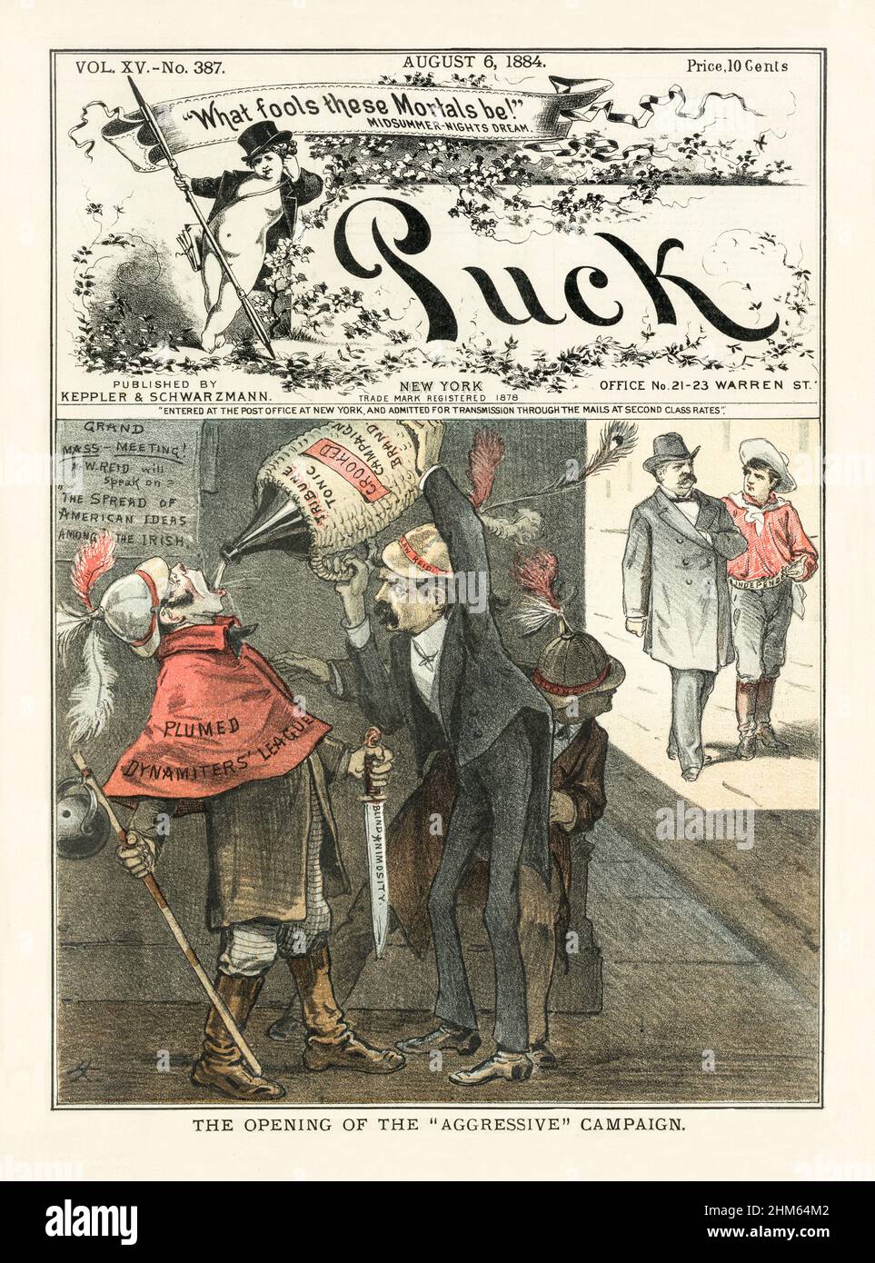 A late 19th century American Puck Magazine cover with a cartoon of Whitelaw Reid, newspaper editor, in the dark shadows of a street. He pours alcohol from a large jug labelled 'Tribune Tonic Crooked Campaign Brand', into the open mouth of an Irish man wearing a plumed hat, a cape labelled 'Plumed Dynamiters' League', and holding a large knife labelled 'Blind Animosity' and a stick with a bomb attached to the end. Stock Photo