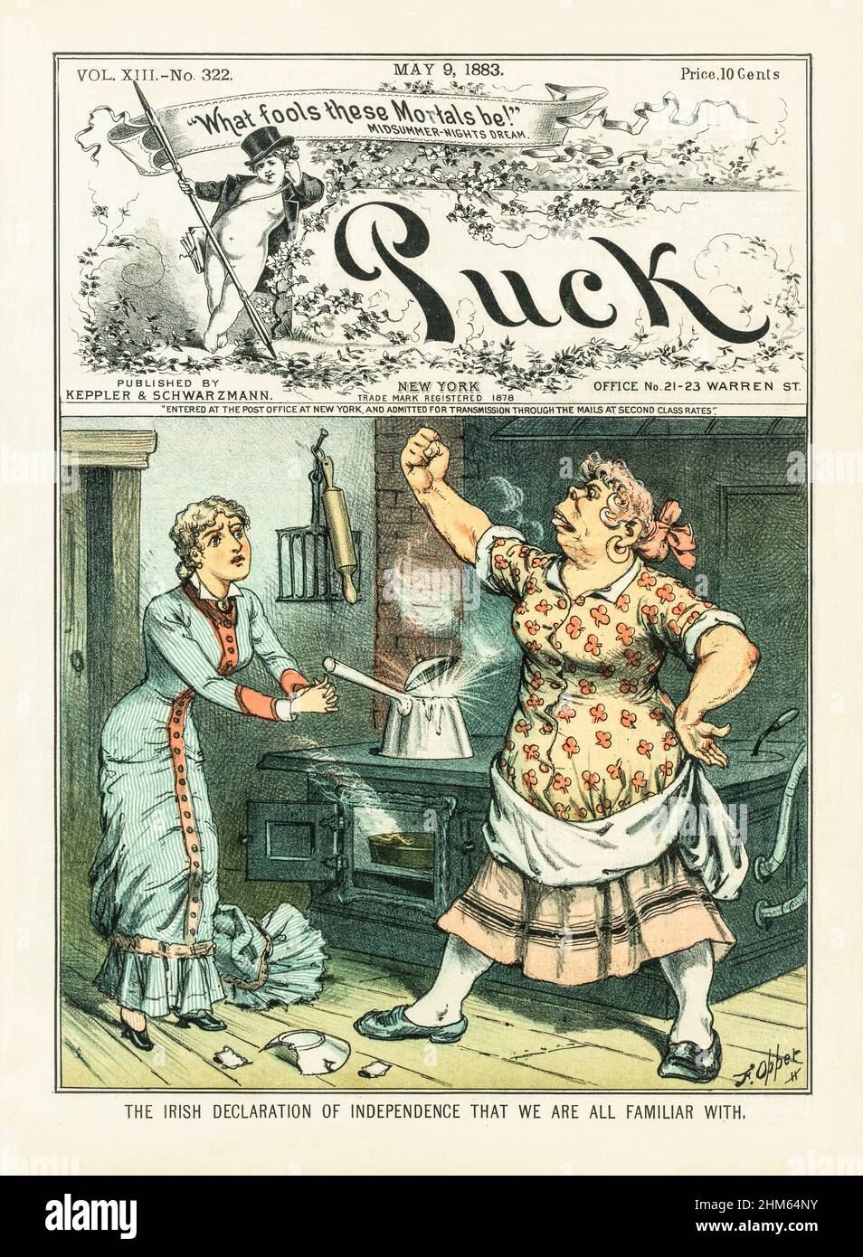 A late 19th century American Puck Magazine cover with a cartoon of a  scene in a kitchen with a petite woman imploring her muscular Irish cook to continue in her duties; the cook shakes her fist in defiance. Stock Photo