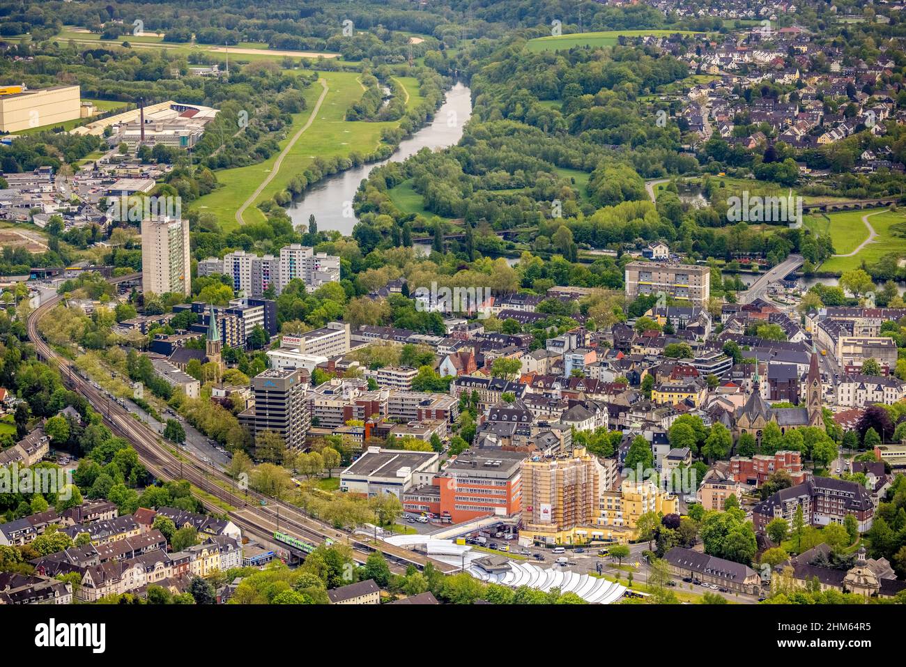 Aerial view, location view Steele and river Ruhr, construction site