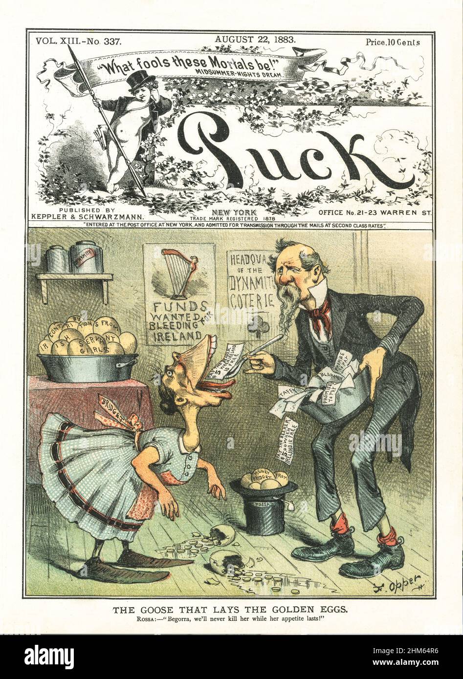 A late 19th century American Puck Magazine cover with a cartoon of Jeremiah O'Donovan Rossa spoon-feeding a promissory note that states 'Pay the Bearer $5 When Ireland is Free' to an Irish servant girl labelled 'Bridget'. On the floor between them is a hat labelled 'Rossa' filled with golden eggs labelled 'Money from Bridget', but broken eggs spill coins on the floor. On a table to the left is a bowl filled with golden eggs labelled 'Irish Contributions from Servant Girls', and hanging on the wall at center are notices about Ireland' . Stock Photo