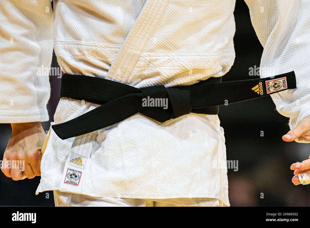 Illustration picture shows a white judogi/kimono of a judoka/judo fighter  (black belt) during the Paris Grand Slam 2022, IJF World Judo Tour on  Februa Stock Photo - Alamy