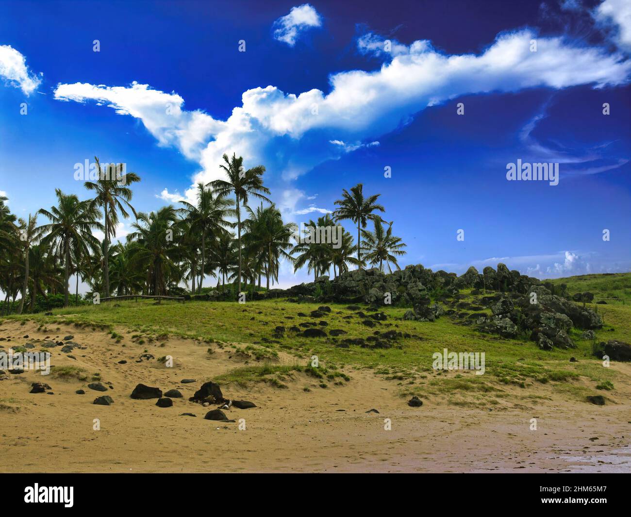 Easter Island (Rapa Nui) one of the most fascinating islands in the world, located in a remote archipelogue of Chile is characterized by its statues. Stock Photo