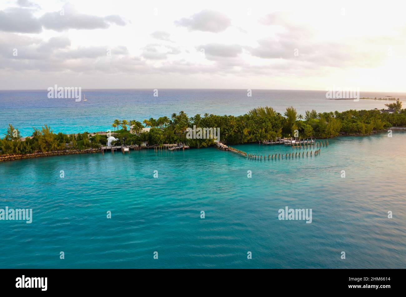 Cruise Terminal at Nassau, Bahamas. January 10, 2022. View of Paradise Island from Nassau Bahamas cruise terminal. Stock Photo