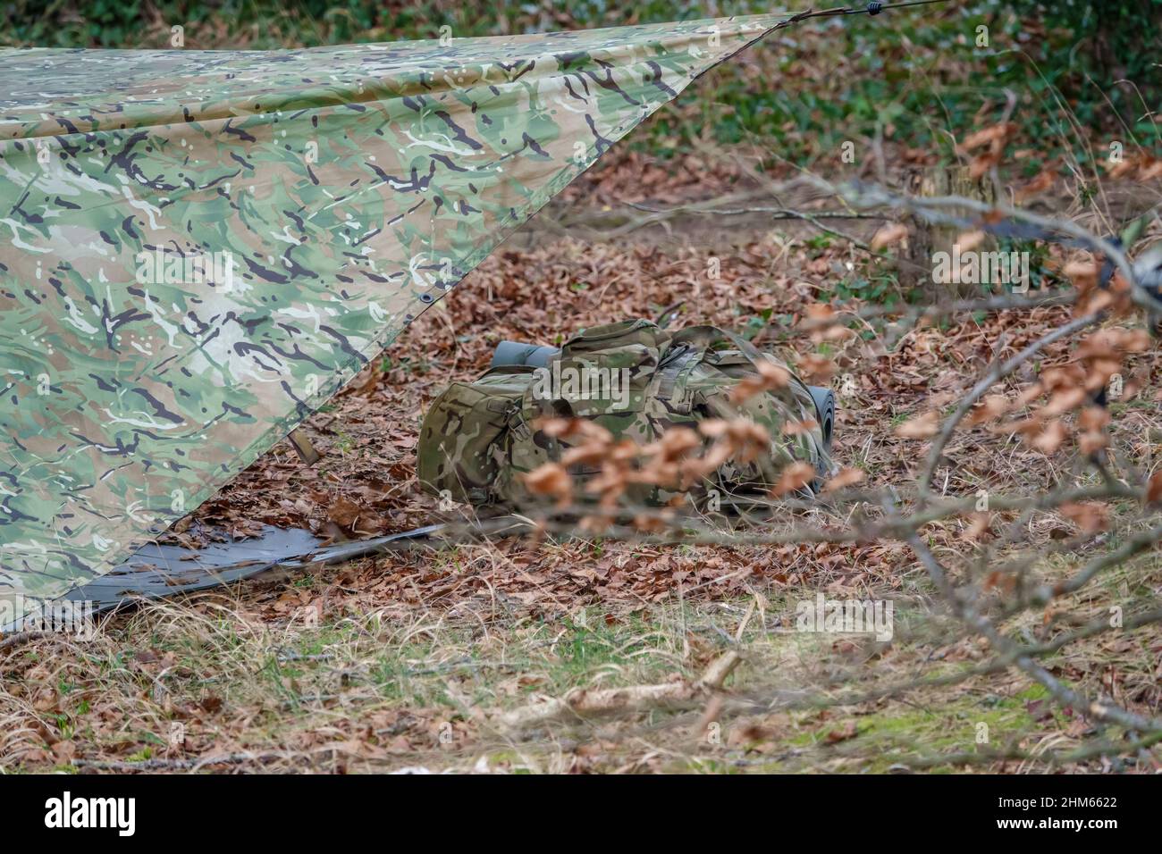 British Army Soldier Camouflage Temporary Tent Cover Erected Amongst A british-army-soldier-camouflage-temporary-tent-cover-erected-amongst-a