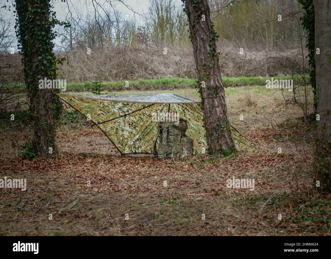 British Army Soldier Camouflage Temporary Tent Cover Erected Amongst A british-army-soldier-camouflage-temporary-tent-cover-erected-amongst-a