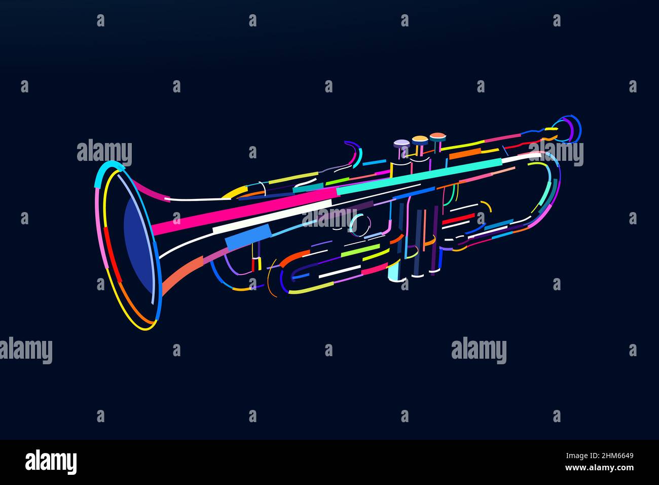 Abstract trumpet wind musical instrument from multicolored paints ...