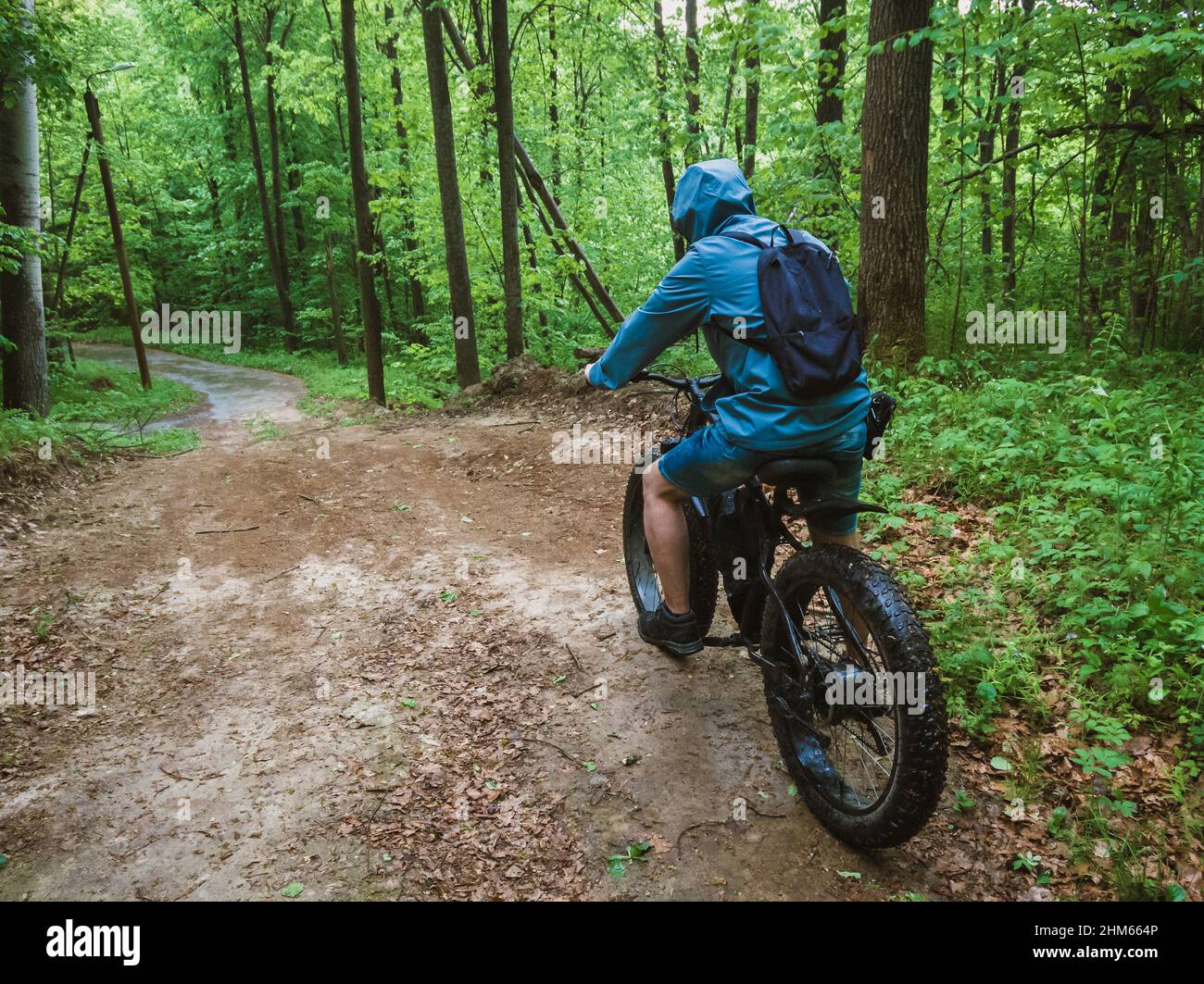Adult man on an electric bicycle rides through the forest after the rain. Pleasant sports hobby. Stock Photo