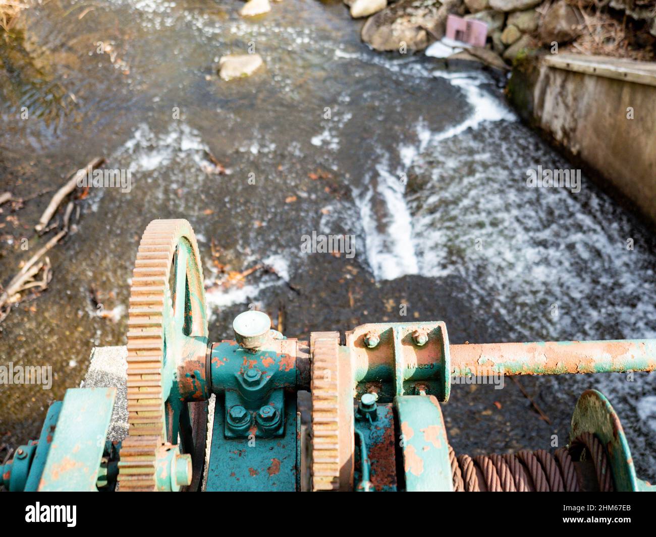 Rusty sluice gate winch and gear mechanism Stock Photo Alamy