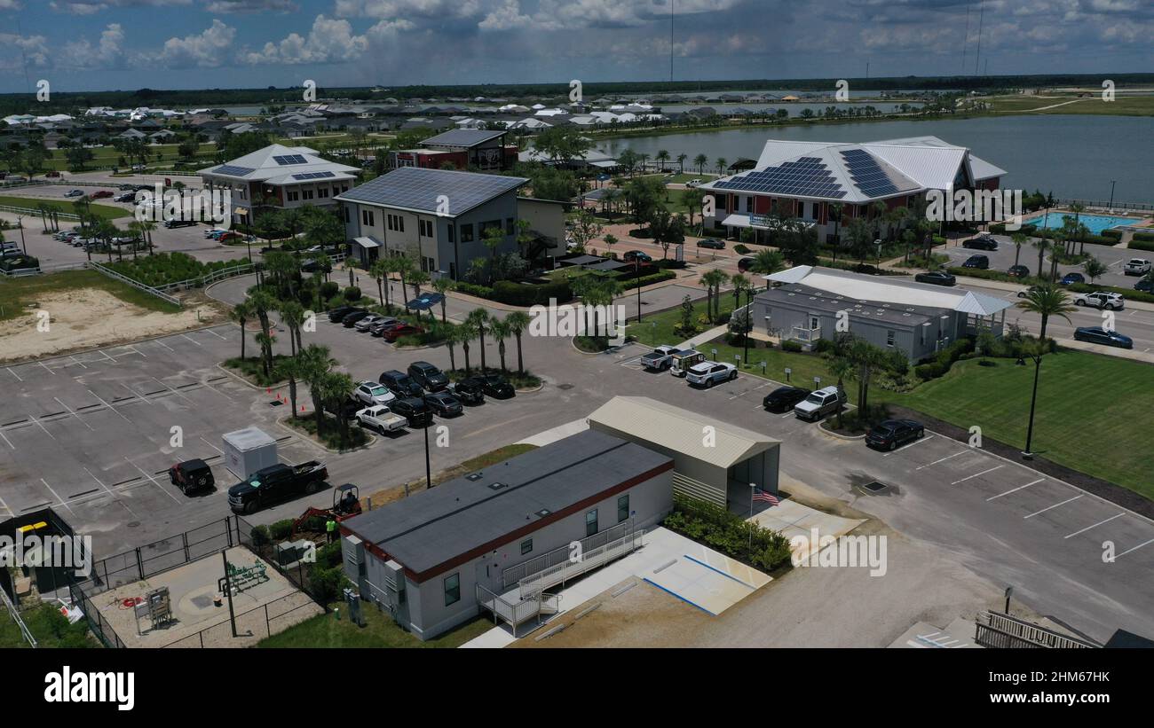 Aerial view of the new downtown Babcock Ranch Community. Babcock Ranch Florida USA January 2nd 2022. Stock Photo