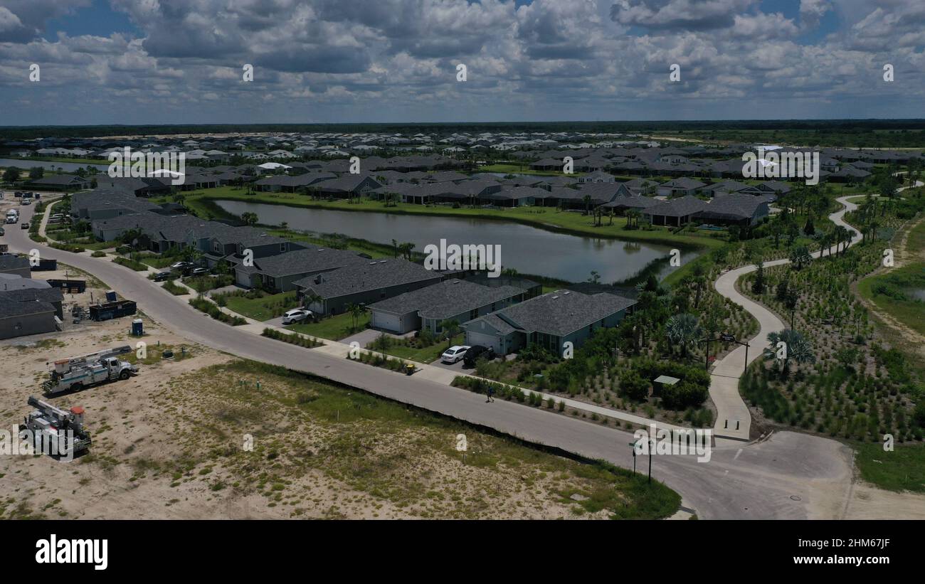 Aerial view of Babcock Ranch Florida USA showing the development and construction process of this new community in Southwest Florida January 2nd 2022. Stock Photo