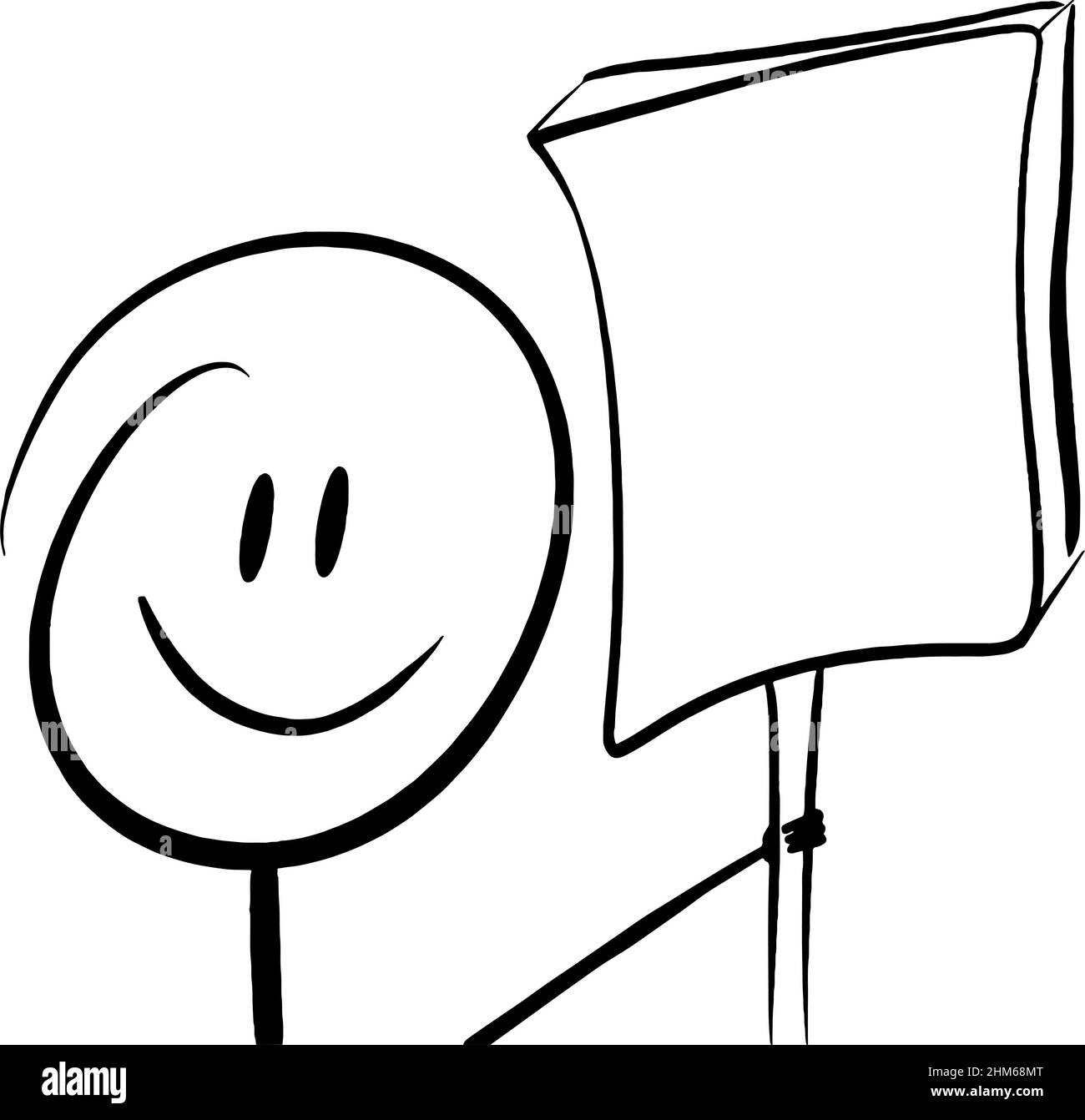 Happy Stick figure cartoon character holding a blank sign for you to add your own message Stock Vector