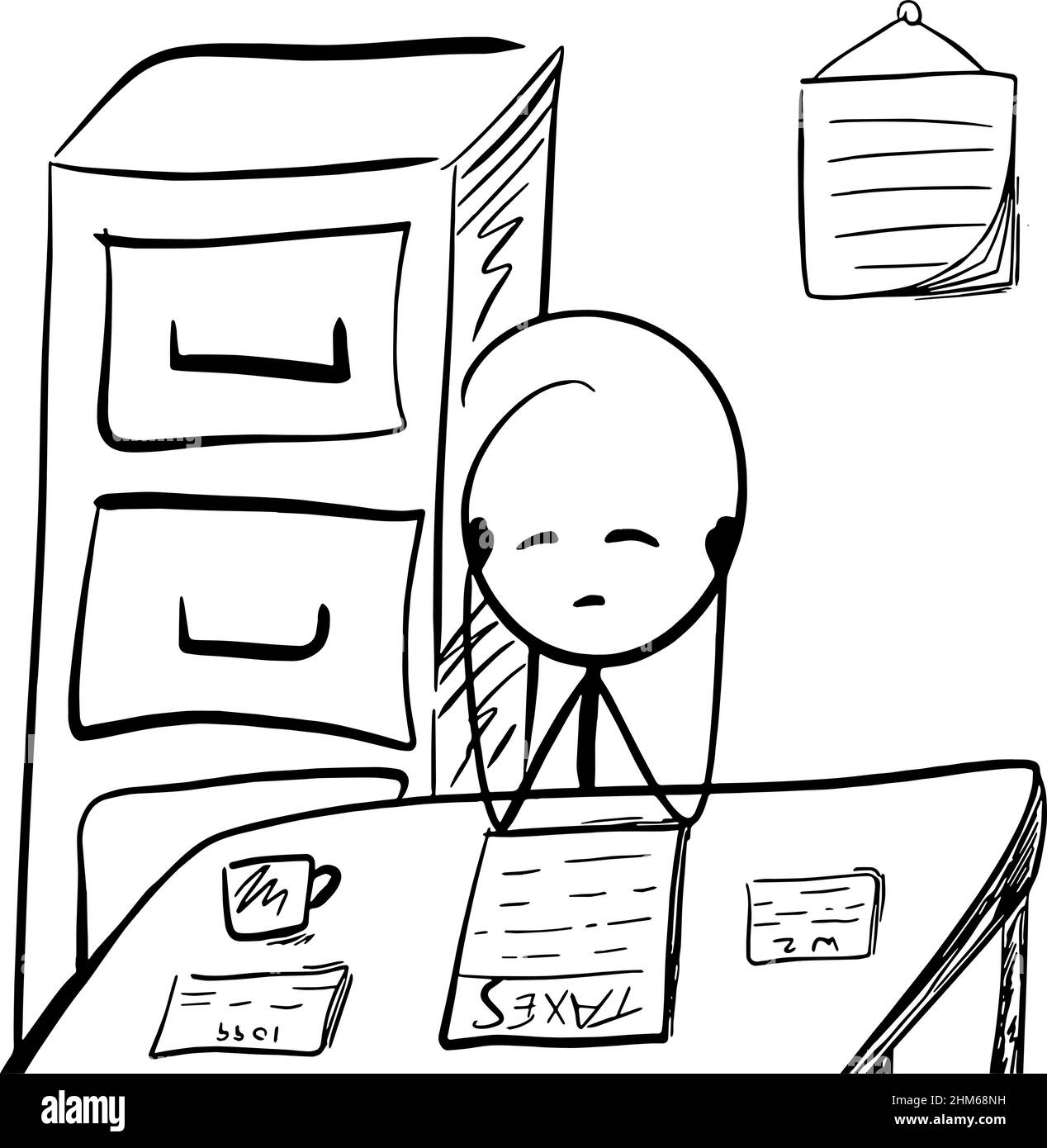 Sad and anxious stick figure cartoon character at a desk doing taxes Stock Vector