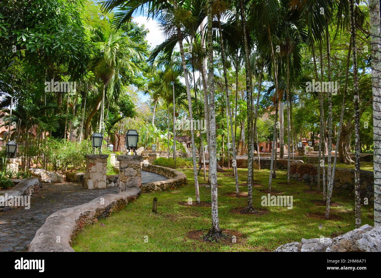 Landscaped entrance to Altos de Chavón. A Mediterranean village in the heart of the Dominican Republic. La Romana, Dominican Republic, January 2022. Stock Photo