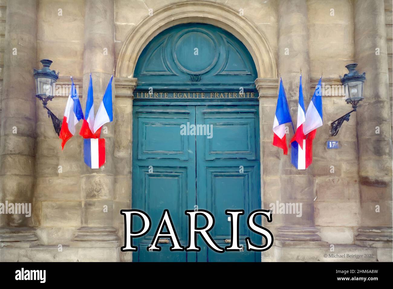 Patriotic doorway with flags in Paris, 2017. Stock Photo