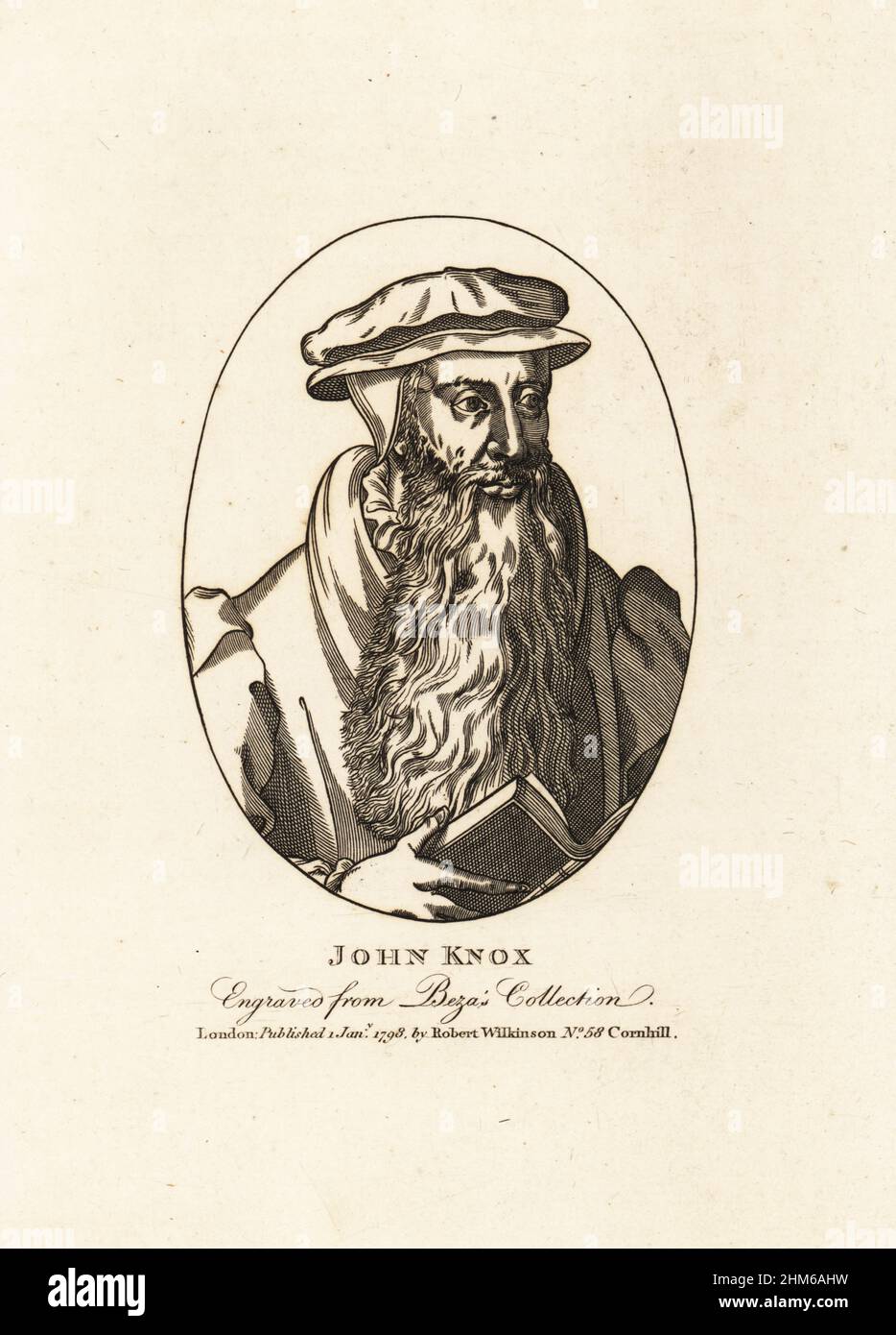 John Knox (1505-1572), Scottish priest, leader of the Protestant Reformation in Scotland. With long beard, cap, hood and coat, holding a Bible. Engraved from Theodore Beza's collection. Copperplate engraving from John Smith’s Iconographia Scotica, or portraits of illustrious persons of Scotland, Robert Wilkinson, 58 Cornhill, London, 1798. Stock Photo