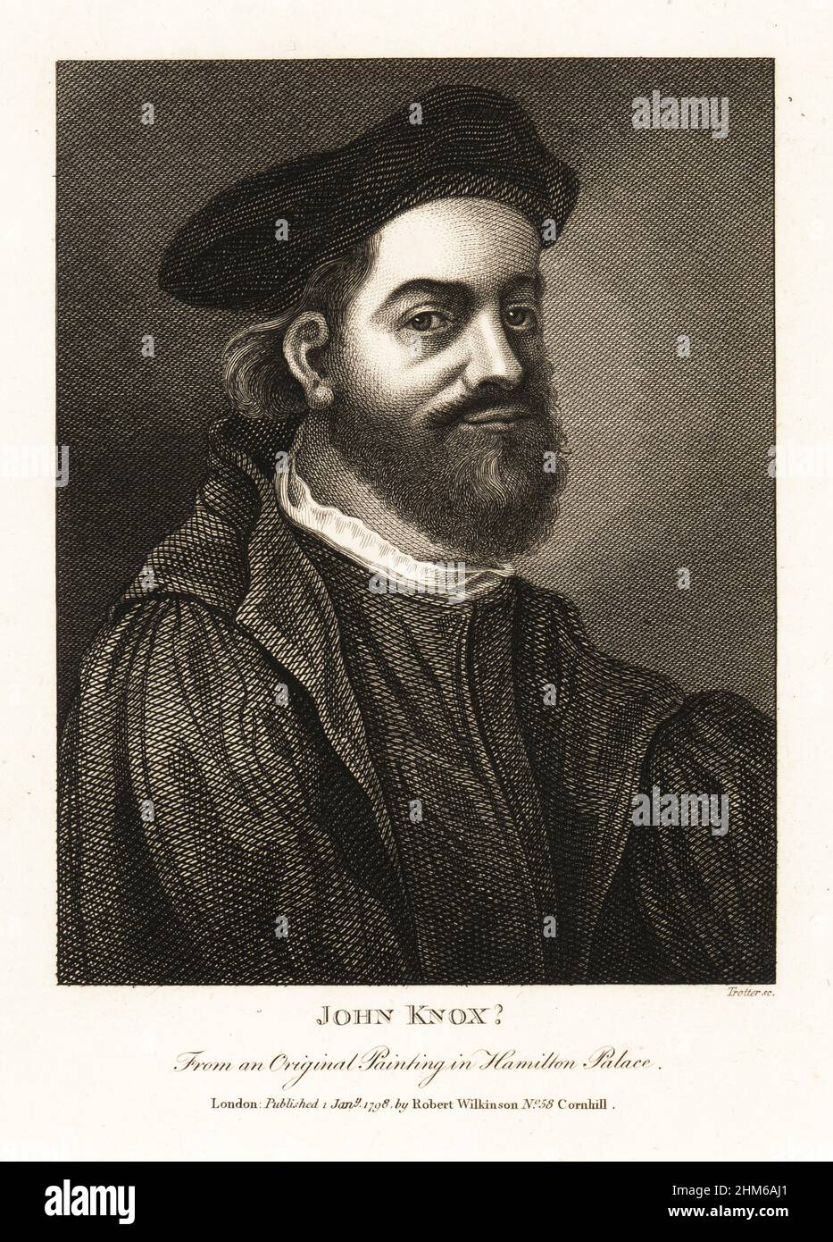 John Knox the younger(?), moderator of the Synod of Mersa in Germany, preacher at Rotterdam, author of the History of the Reformation of Religion within the Realme of Scotland, 1581. From an original painting in Hamilton Palace. Copperplate engraving by Thomas Trotter from John Smith’s Iconographia Scotica, or portraits of illustrious persons of Scotland, Robert Wilkinson, 58 Cornhill, London, 1798. Stock Photo