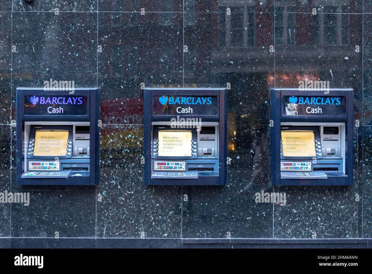 Barclays bank cash machines outside the Leicester Square branch. Stock Photo