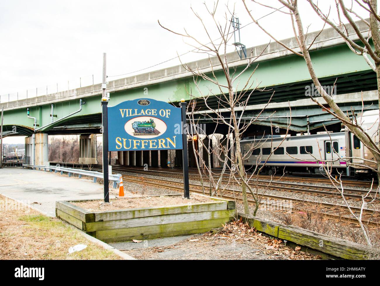 NJ Transit trains sit on railroad siding Stock Photo