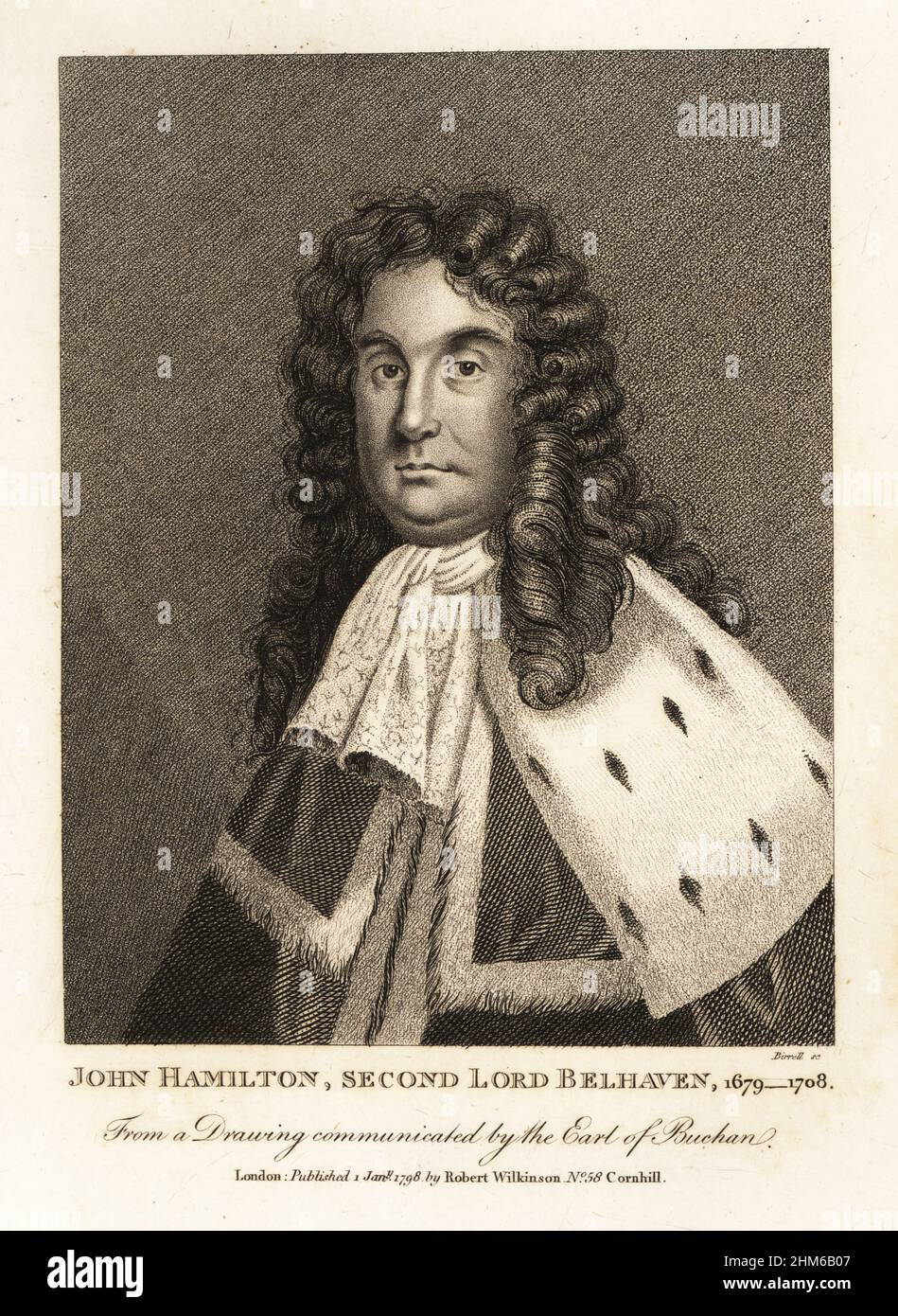 John Hamilton, Second Earl Belhaven, 1656-1708. Scottish peer, landowner and politician. Depicted in ermine cloak and fur-lined robes. After a portrait in oils by John Medina. Copperplate engraving by Andrew Birrell from John Smith’s Iconographia Scotica, or portraits of illustrious persons of Scotland, Robert Wilkinson, 58 Cornhill, London, 1798. Stock Photo