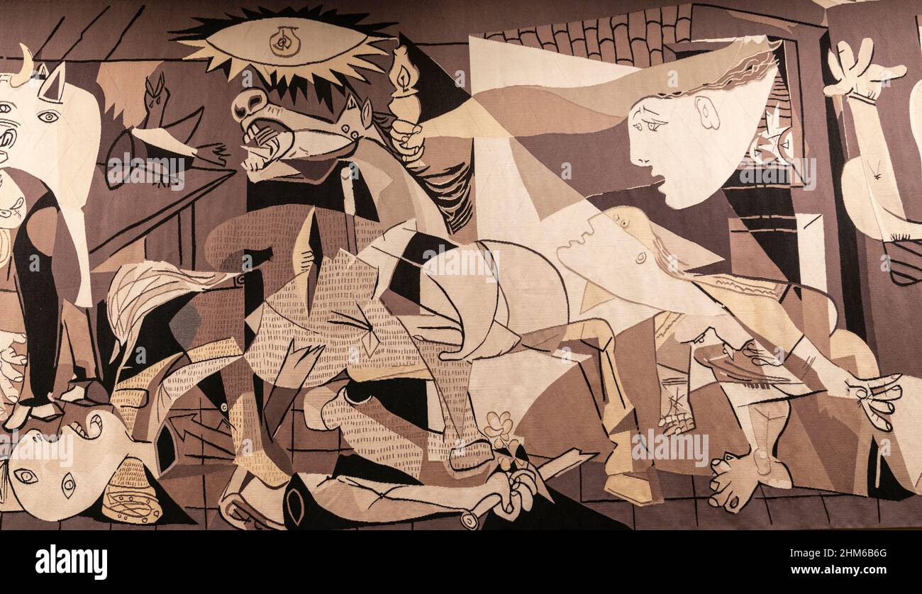 New York, NY - February 7, 2022: Picasso’s Guernica tapestry has been cared for by conservators and rehung outside the United Nations Security Council Chamber Stock Photo