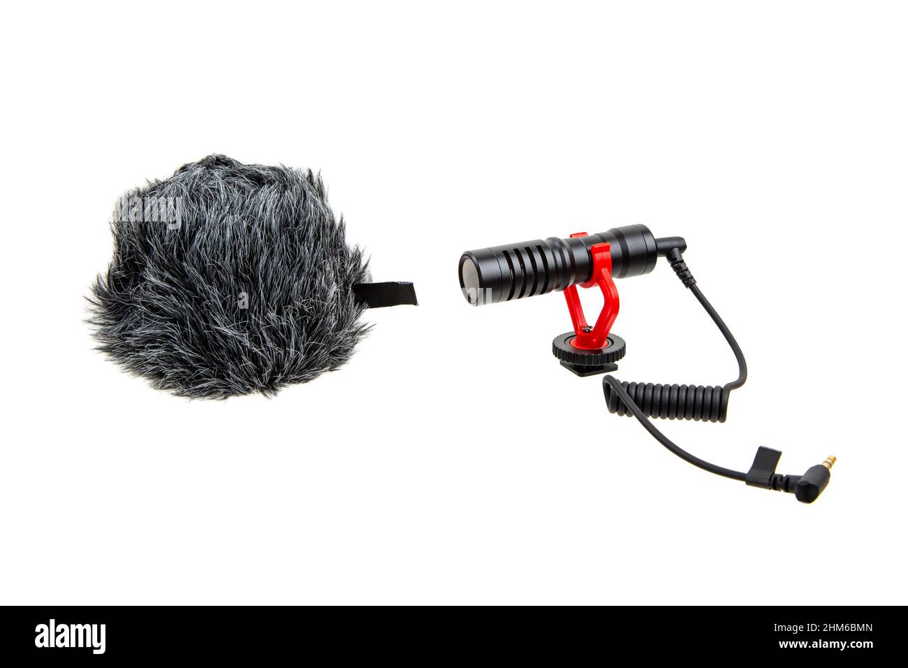 Small modern oncamera microphone with wind protection. Directional microphone. Audio recording
