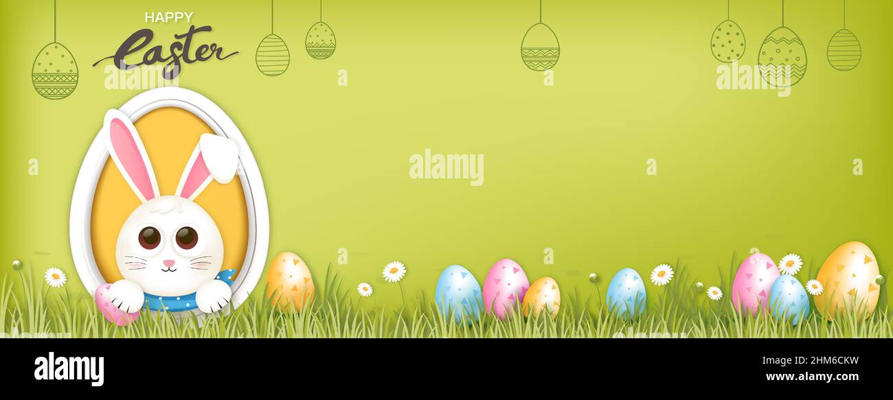 Cartoon style happy Easter bunny with colorful eggs in green garden banner background with copy sapce for your text Stock Vector