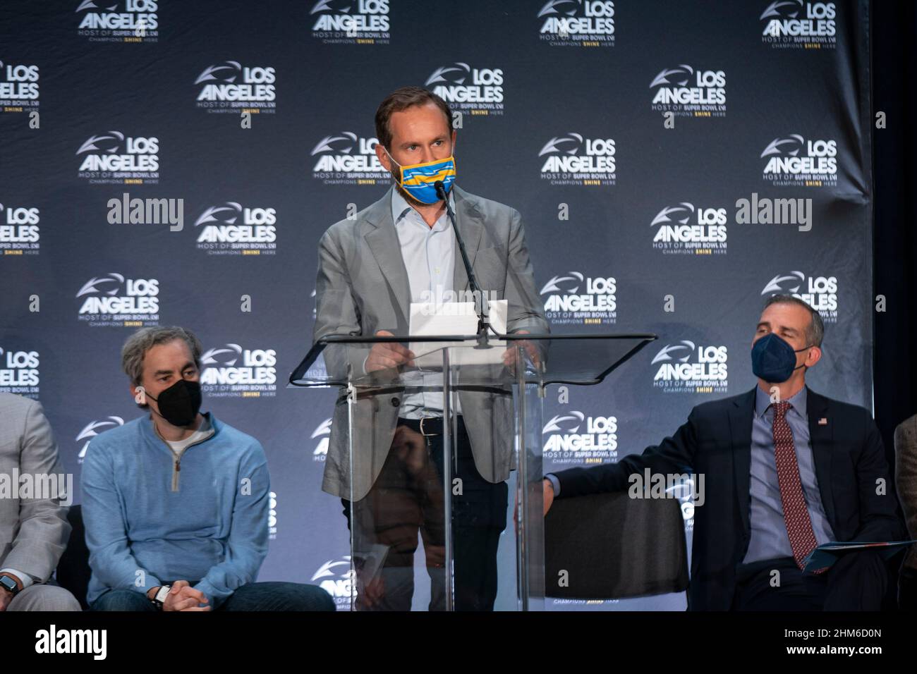 A.G. Spanos, President of Business Operations, Los Angeles Chargers, speaks during a NFL Super Bowl LVI welcome press conference, Monday, Feb. 7, 2022 Stock Photo