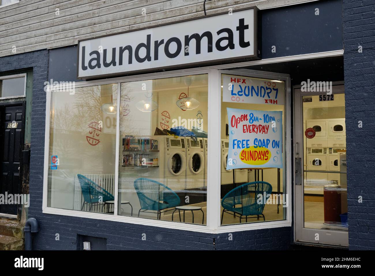 Laundromat sign and front window . Halifax, Nova Scotia Stock Photo Alamy