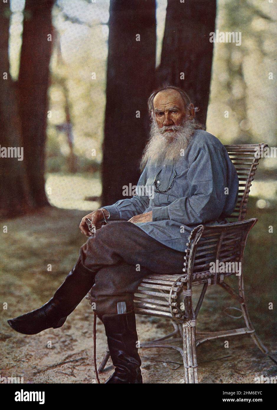 A colour portrait of Leo Tolstay,author of War & Peace and Anna Karenina, from 1908 when he was 80 years old.  The photo was takenat his family estate and birthplace Yasnaya Polyana. Stock Photo