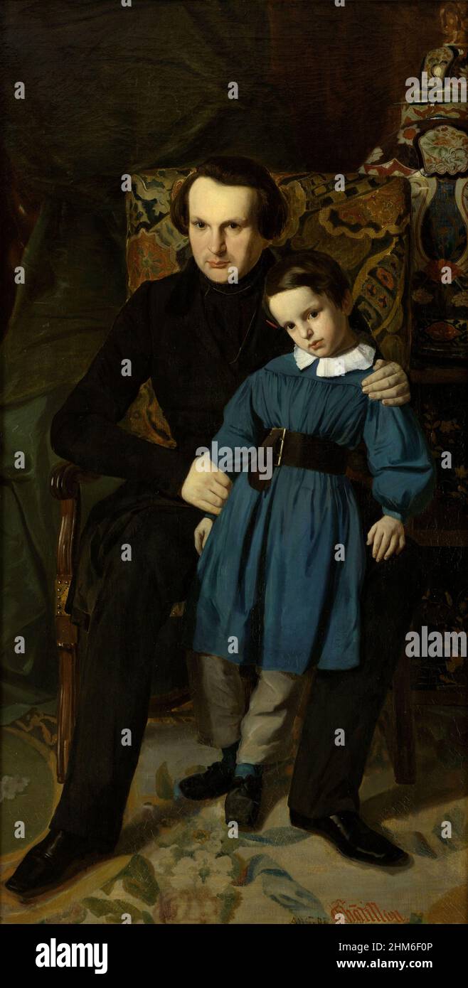 A portrait of the French writer Victor Hugo, author of Les Misèrables, with his son François-Victor. The painting, by Auguste de Châtillon, is from 1836 when Hugo was 24 yrs old. Stock Photo