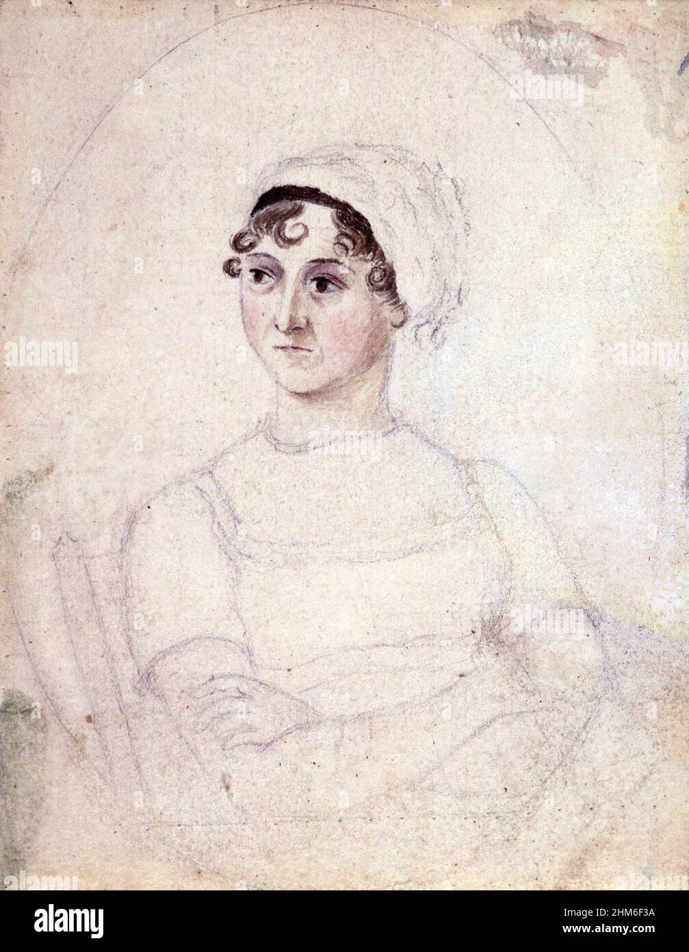 A portrait of the English writer Jane Austen, author of Pride and Prejudice. The portrait os from 1810 when she was 35 yrs old and was drawn by her sister Cassandra. Stock Photo