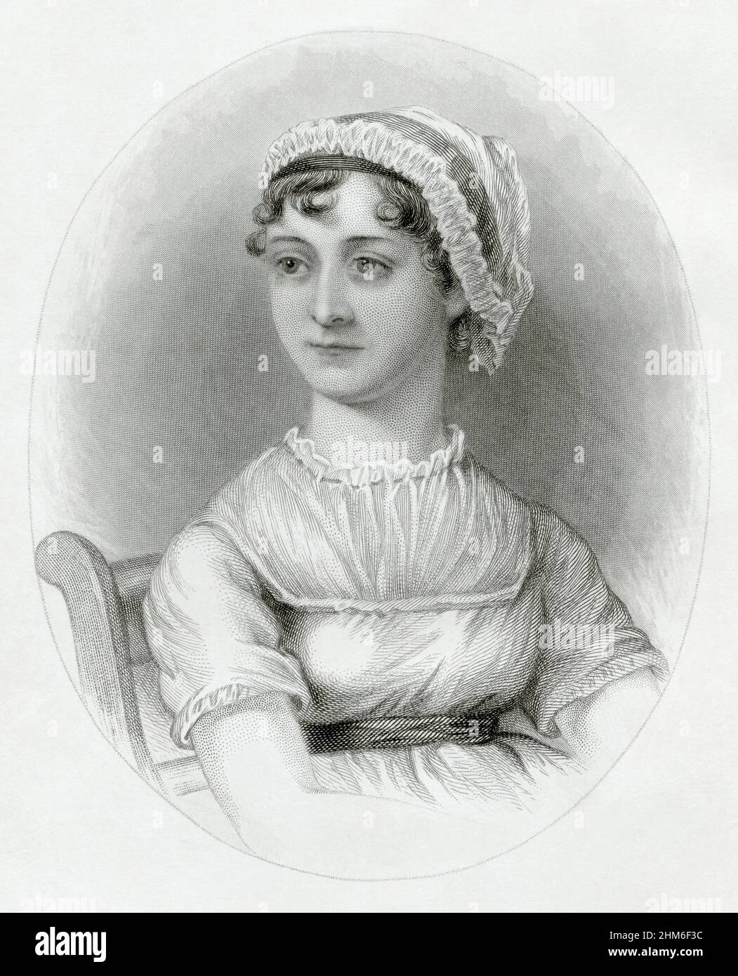 A portrait of the English writer Jane Austen, author of Pride and Prejudice. It is based on the sketch made in 1810 (when Jane was 35 yrs old) by her sister Cassandra. Stock Photo