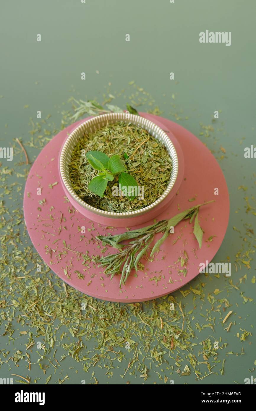 Stevia rebaudiana.Stevioside Sweetener . Dry and green stevia in a