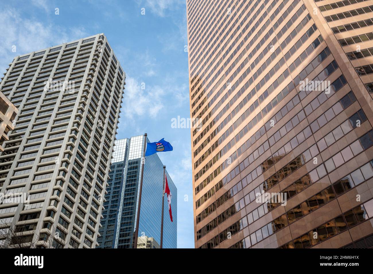 Looking up at skyscrapers in the city of Calgary with Alberta and ...