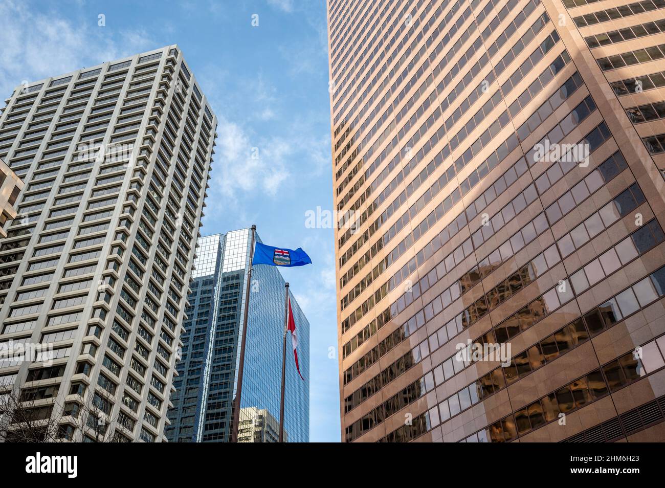 Looking up at skyscrapers in the city of Calgary with Alberta and ...