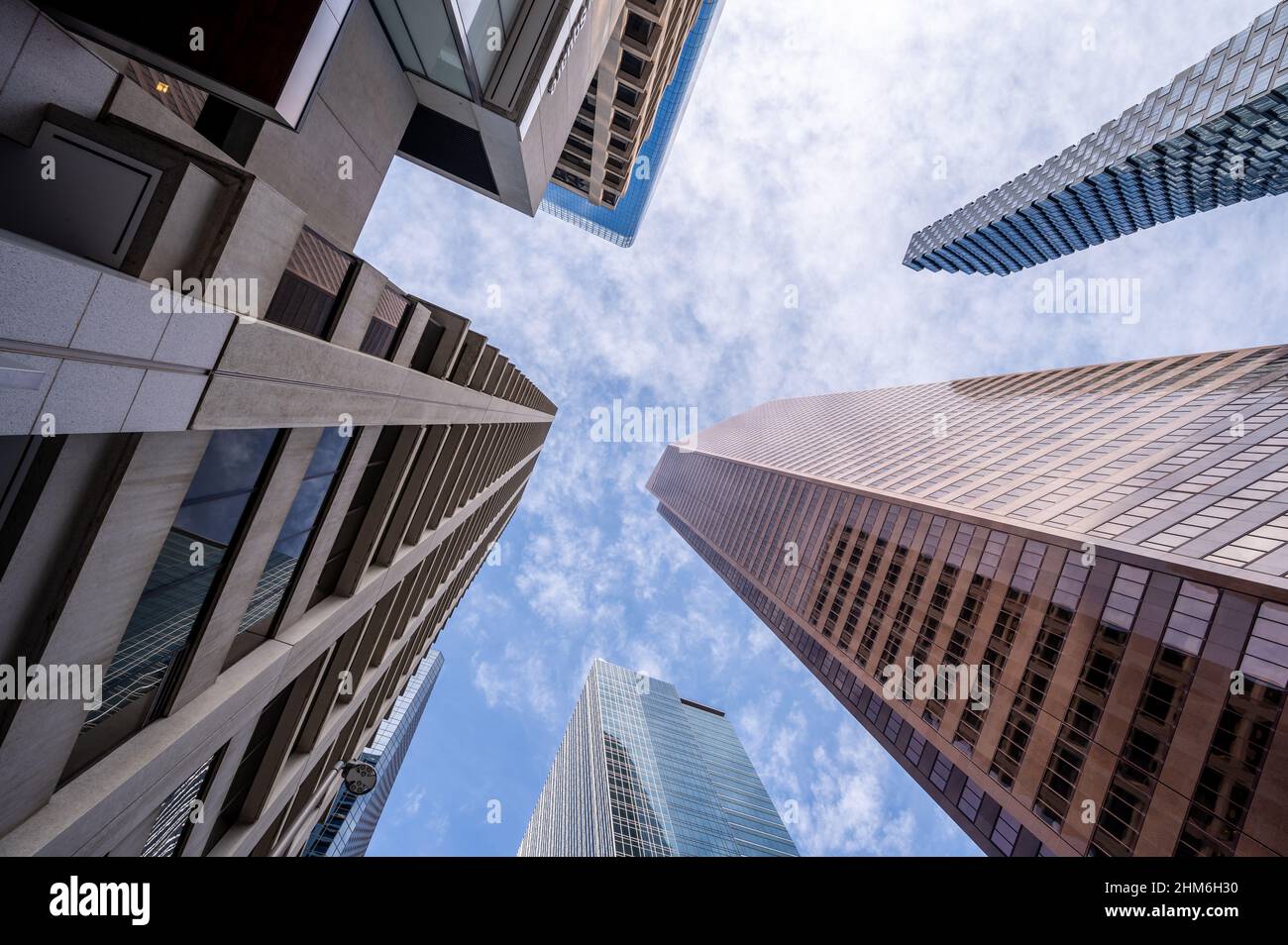 Looking up at skyscrapers in the city of Calgary with Alberta and ...