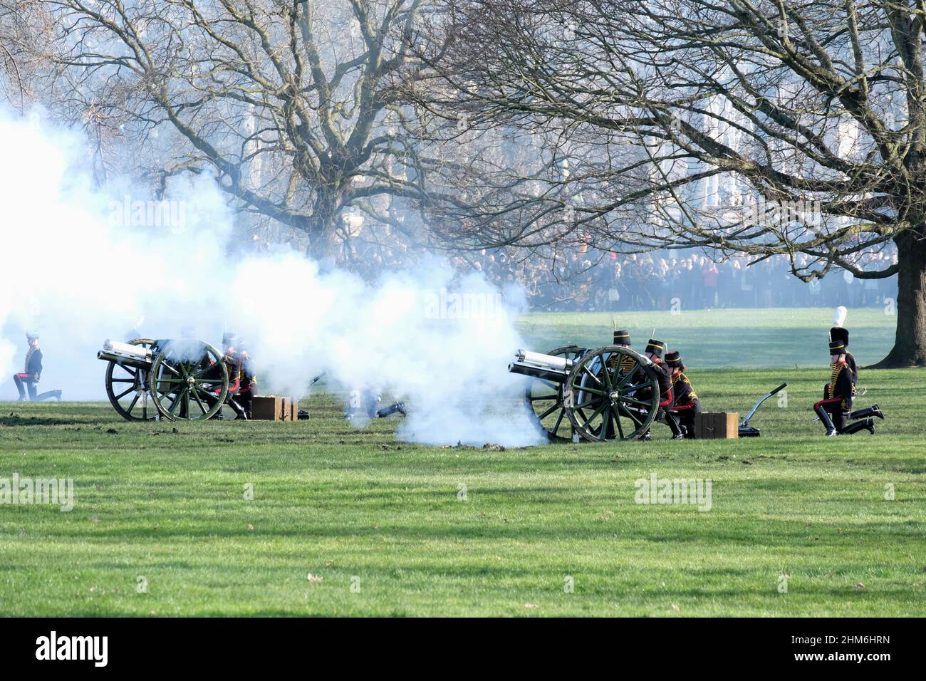 The King's Troop Royal Horse Artillery fires 41 rounds in Green Park, London, marking the start of celebrations for the Queen's Platinum Jubilee. Stock Photo