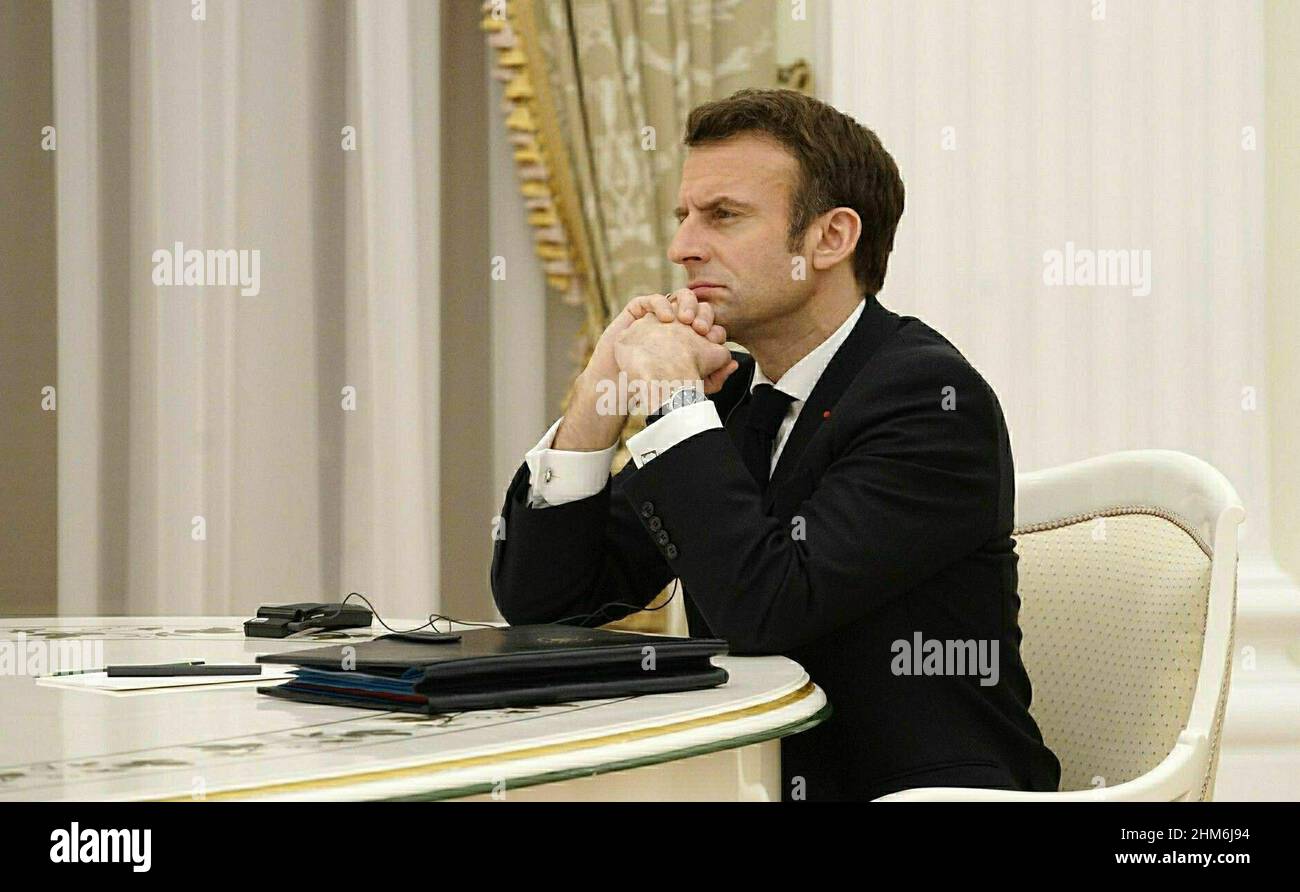 7 Februaty 2022. President of Russia Vladimir Putin met with President of France Emmanuel Macron in Moscow, Russia. Photo: Kremlin Pool Stock Photo