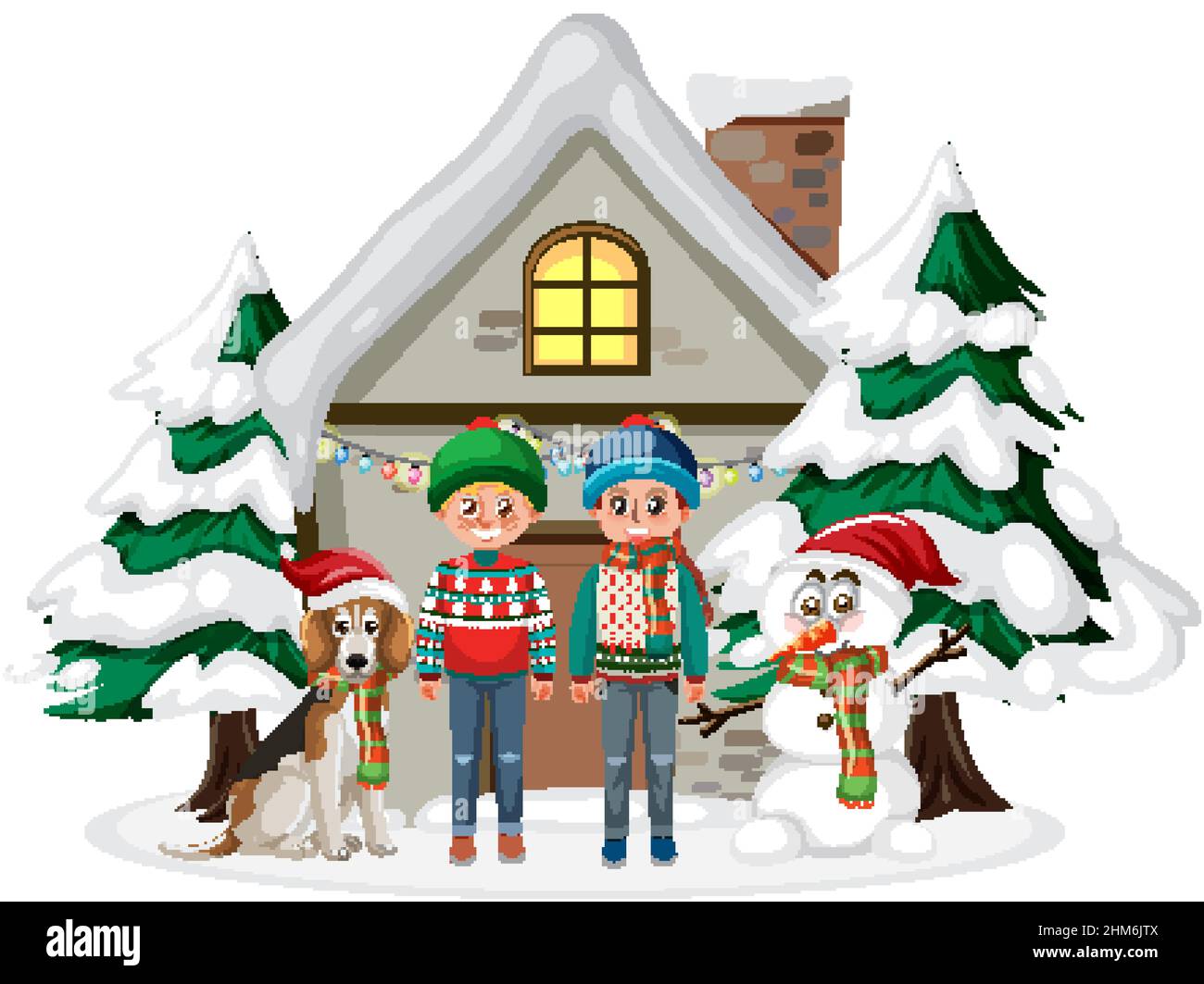 Couple children and beagle standing in front of a house illustration Stock Vector