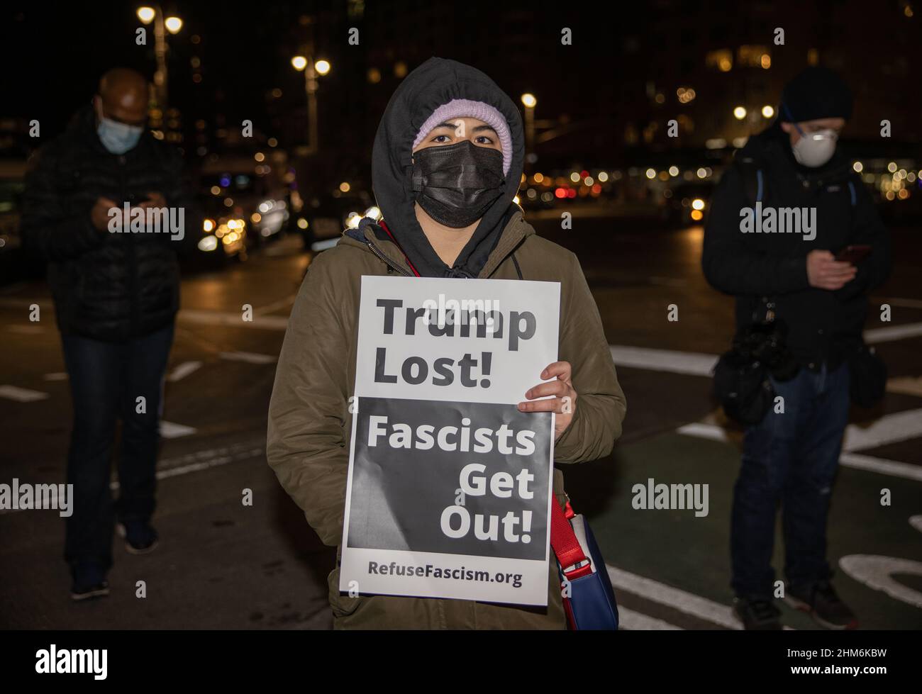 NEW YORK, N.Y. – January 6, 2021: An anti-Trump demonstrator is seen in Manhattan following riots at the U.S. Capitol in Washington, D.C. Stock Photo