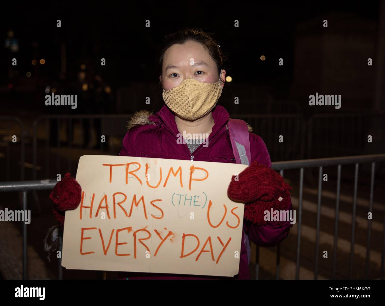 NEW YORK, N.Y. – January 6, 2021: An anti-Trump demonstrator is seen in Manhattan following riots at the U.S. Capitol in Washington, D.C. Stock Photo