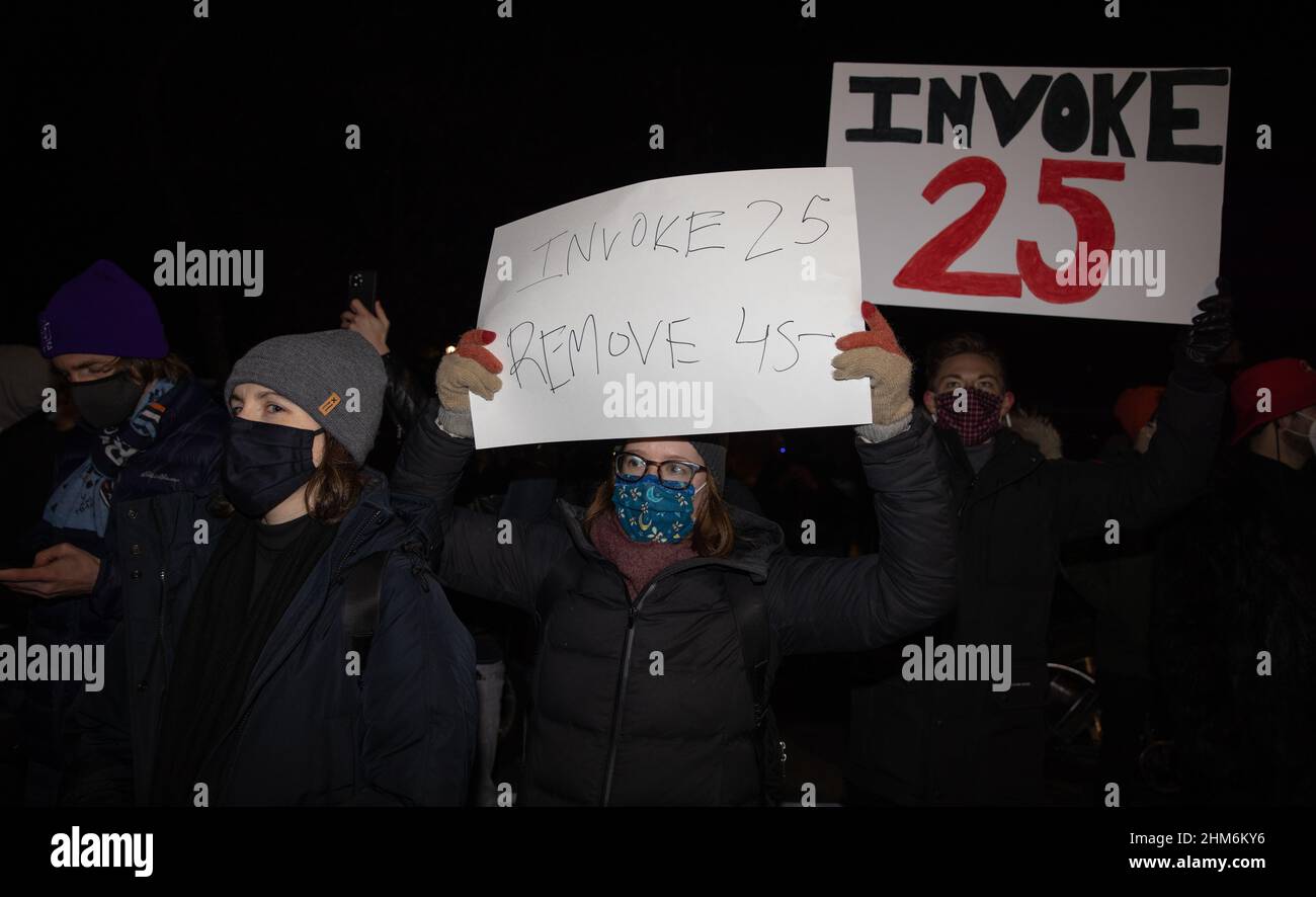 BROOKLYN, N.Y. – January 7, 2021: Anti-Trump demonstrators are seen near U.S. Senator Chuck Schumer’s residence in Brooklyn. Stock Photo