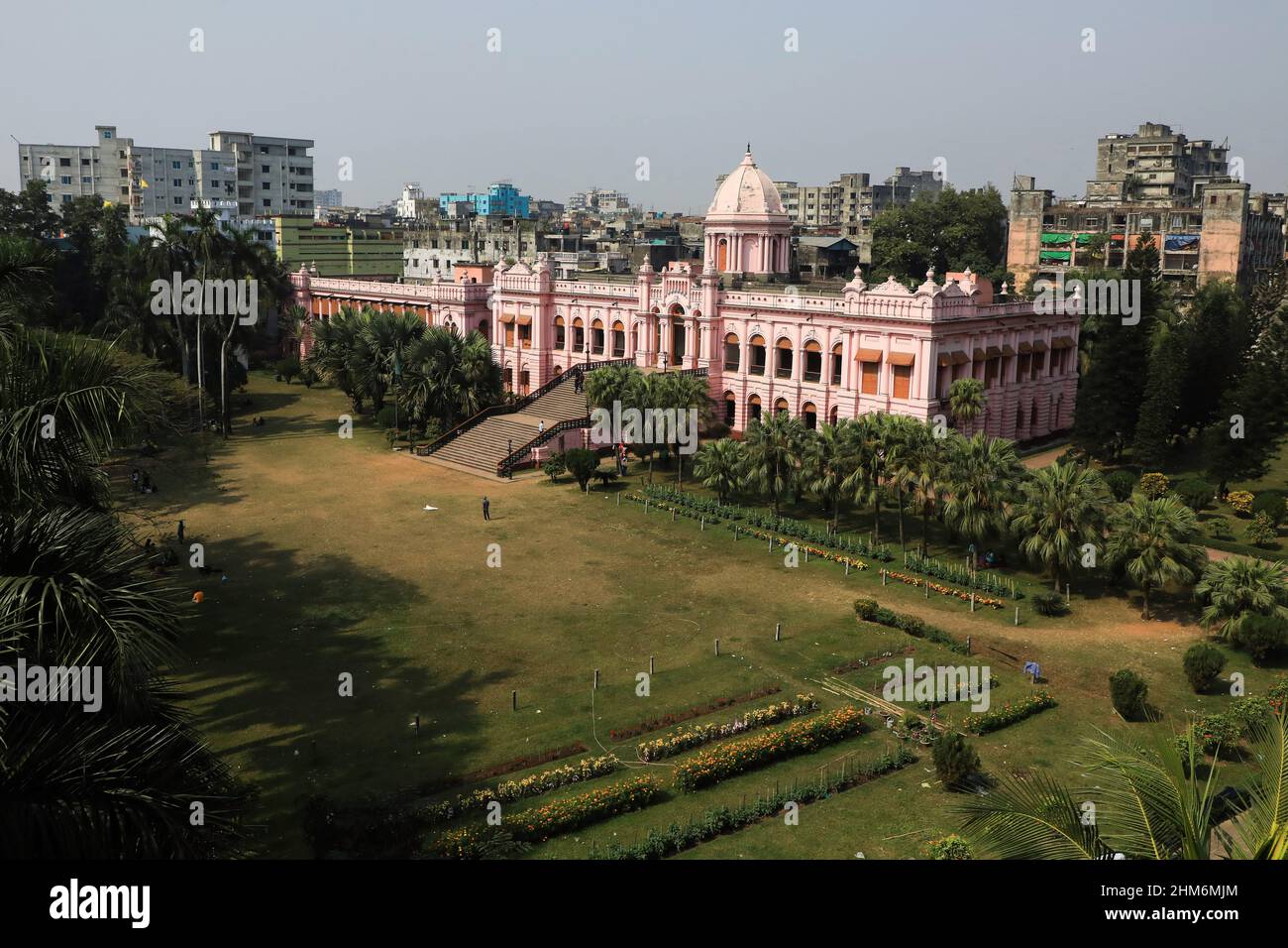 Dhaka, Bangladesh. 02nd Feb, 2022. (EDITORS NOTE: Image taken with drone) A view of the pink palace which was originally built by Nawab Sir Abdul Gani in 1872, and was reconstructed after the tornado of 1888. Lord Curzon stayed here as a guest of the Nawab's son after the partition of Bengal. Credit: SOPA Images Limited/Alamy Live News Stock Photo